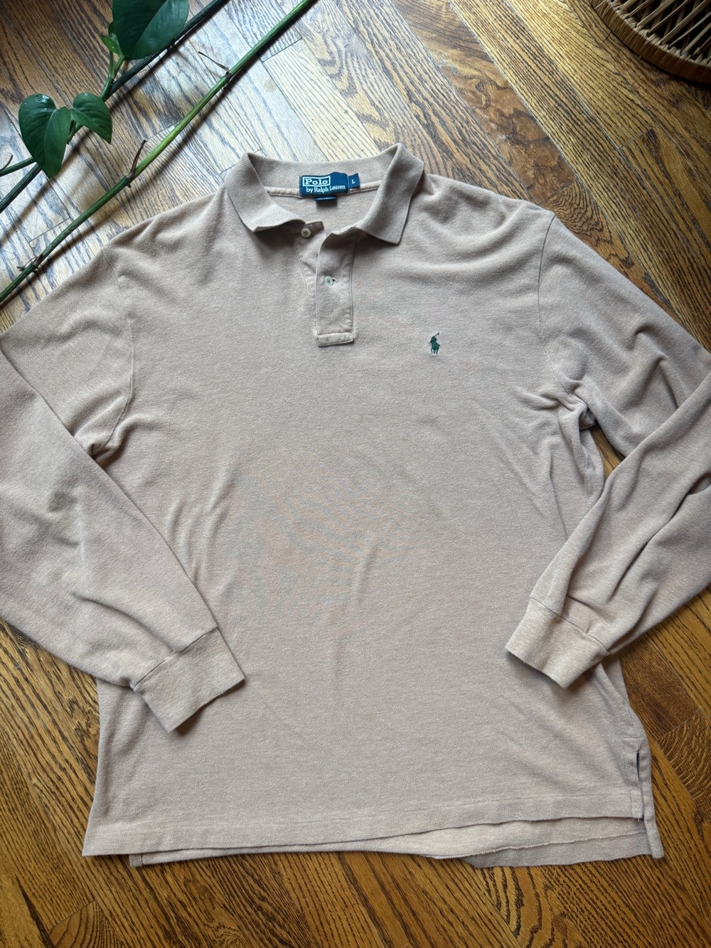 Polo by Ralph Lauren Long-Sleeve Polo Shirt in Beige 100% Cotton Vintage Large